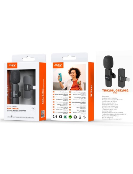 Microfono mini  Bluetooth con clip TR9206 / Type-C / Bateria 60 mAh / Negro / MTK / 0952062