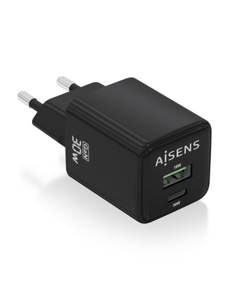 ÷ Aisens - cargador gan 30w, 1xusb-c pd3.0 qc4.0, 1xusb-a qc3.0, negro