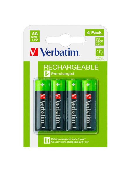 Pilas Recargables Verbatim AA HR06 / 2500mAh NiMh / 1.2V / LR06 / Pack 4 uds