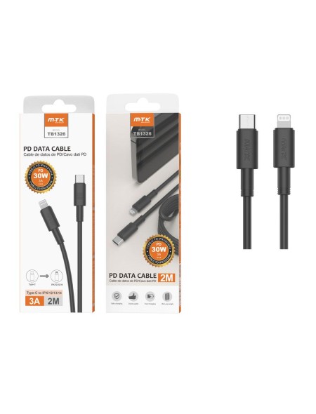 Cable datos Type-C a Lightning Iphone TB1326 / 2 m / 3a / 30W / Carga Rapida PD / Negro / MTK / 0153262