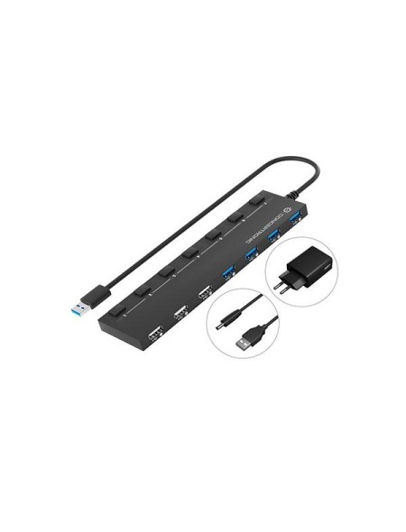 Hub 7 puertos Usb Conceptronic HUBBIES / Alimentado / 3x USB 2.0 / 4x USB 3.0 / Negro / HUBBIES09BP
