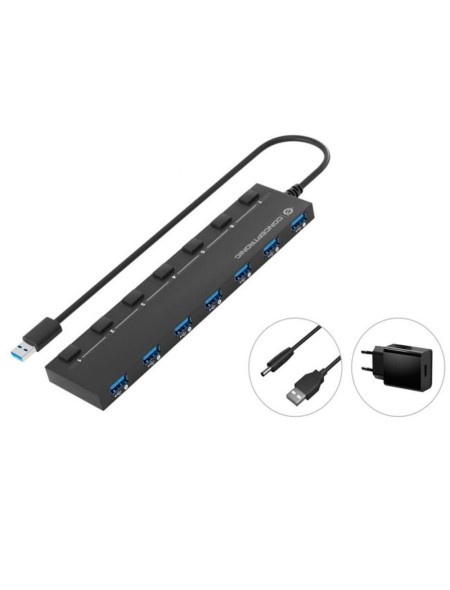 Hub 7 puertos Usb 3.2 Conceptronic / Alimentado / Con interrutores / incluye cargador / Negro / HUBBIES19BP