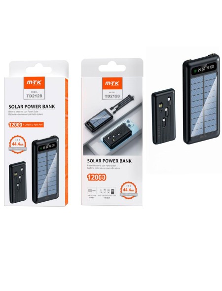 PowerBank TD2128 Panel Solar / Type-C / USB / 12000 mah / Type-c / MicroUsb / Usb / Iphone 14 / NEGRA / MTK / 0251282