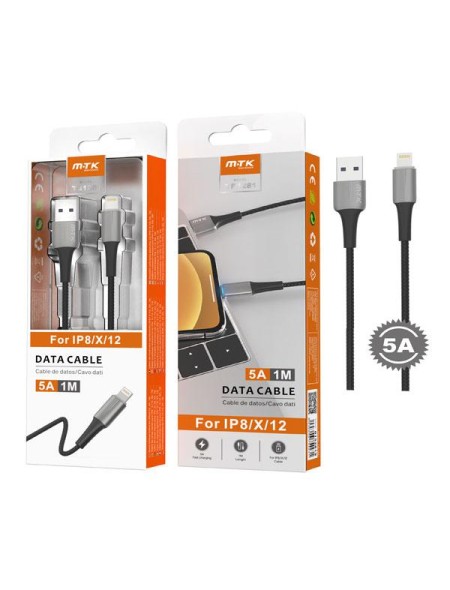 Cable datos USB 2.0 a Lightning iPhone 8-14 / 1m / 5a / Carga rapida / TB1281 / Gris / One+