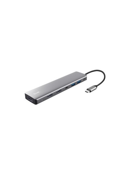 ÷ Hub usb-c trust dalyx 7 en 1 aluminio 2hdmi 4k  1dp 2xusb-a 3.2 1xusb-c pd 100w lector sd microsd