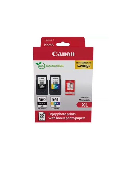 Tinta Original Canon Pack PG560XL + CL561XL + 50 Hojas de papel Fotografico