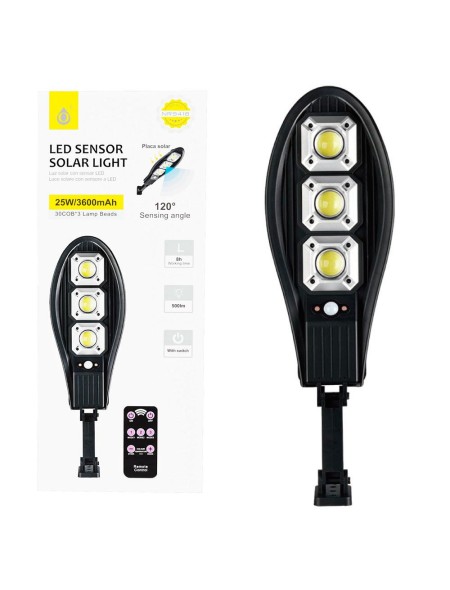 Lampara solar Led 25W / NR9418 / 30 COB / Luz para exterior/ Sensor de movimiento 3m-5m / 120º / Ip44 / 3600mAh / Negro / One+