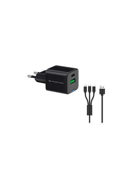 Cargador de red Usb + Type-C / 33w / 3 en 1 / Negro / Incluye cable 3 en 1 / Conceptronic / ALTHEA16B