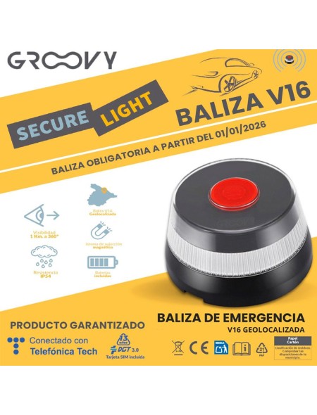 Baliza Geolocalizable GROOVY / Homologada V16 / Luz Flash / Visibilidad + 1 km / IP54 / DGT 3.0 / GR-LGH-ES-V16-SIM