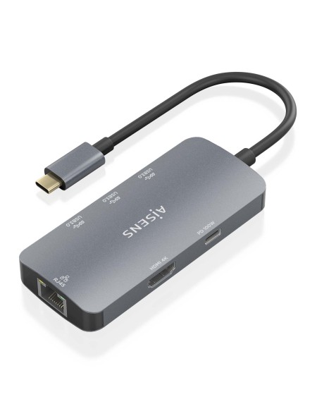 ÷ Aisens - usb-c dock 6 en 1, usb-c a 1xhdmi, 1xrj45, 3xusb-a, 1xusb-c pd, gris, 15cm