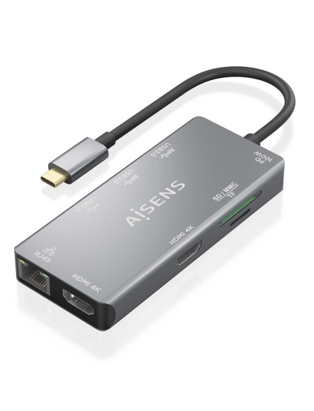 ÷ Aisens - usb-c dock 9 en 1, usb-c a 2xhdmi, 1xrj45, 2xusb-a usb3.0, 1xusb-a usb2.0, 1xusb-c pd, 1xsd, 1xmicro sd, gris, 15cm