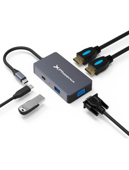 Hub Adaptador Type-C 5 en 1 Phoenix / 2x Hdmi 4K / 1x VGA / Type-C PD 60w / 1x Usb 3.0 / Aluminio / PHHUBTYPEC5IN1