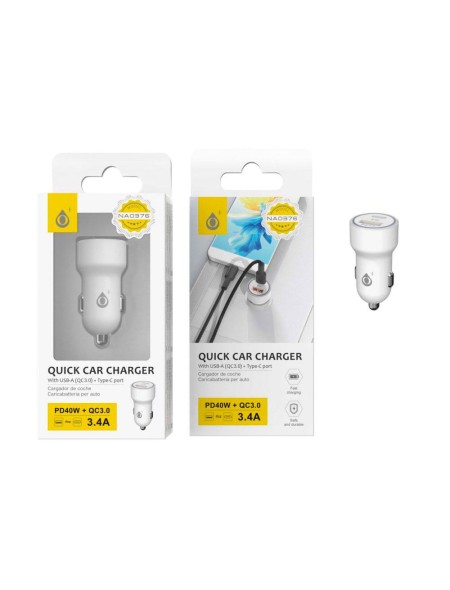Cargador de coche-mechero Usb QC3.0 + Type-C Boris / 40w / Blanco / NA0376 / One+ / 2003761
