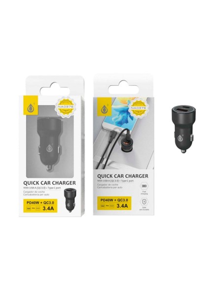 Cargador de coche-mechero Usb QC3.0 + Type-C Boris / 40w / Negro / NA0376 / One+ / 2003762