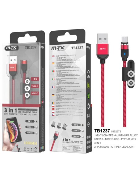 Cable datos 3 en 1 magnético (MicroUSB + Type-C + lightning) 1m / 2.4a / Rojo / TB1237 / ONE+