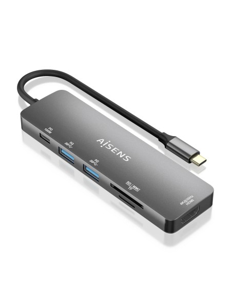 ÷ Aisens - usb-c dock 6 en 1, usb-c a 1xhdmi, 2xusb-a, 1xusb-c pd 100w, 1xsd, 1xmicro sd, gris, 15cm