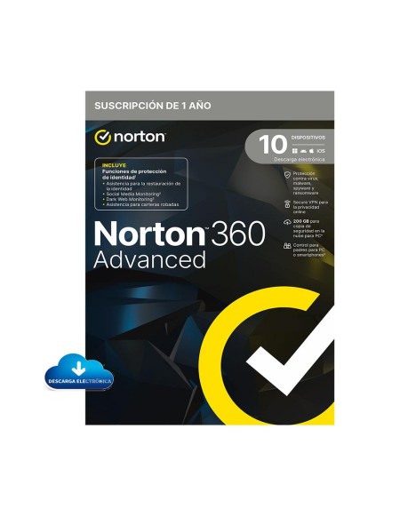 Antivirus Norton 360 Advanced 200Gb / 1 Usuario / 10 Dispositivos / 1 Año / Licencia electronica / 21468805