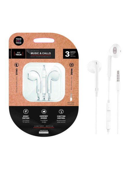 Auriculares Intrauditivos earTECH / Micrófono / Jack 3.5 / 1.2m / Blancos / TEC1001 / Tech One Tech