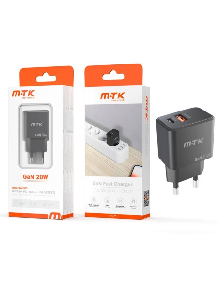 Cargador de red Usb QC3.0 + Type-C / GAN 20W / Negro / TA0383 / MTK / 0053832