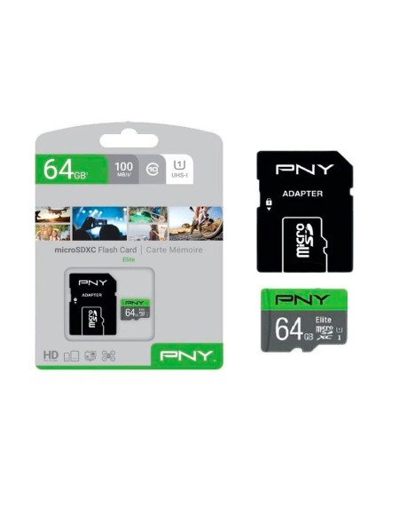 Micro sd xc PNY Elite Uhs-I 64Gb 100mb/s / Clase 10 / Con adaptador / P-SDUX64U185GW-GE
