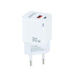 Cargador de red Usb + Type-C / 30W PD / GAN / QC / Blanco / TQWC-GANQCPD30WT / Tooq