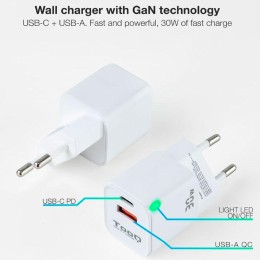 Cargador de red Usb + Type-C / 30W PD / GAN / QC / Blanco / TQWC-GANQCPD30WT / Tooq