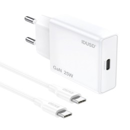 Cargador de red Type-C + Cable Type-C M/M / 25W PD / GAN / Blanco / IDUSD / D266B