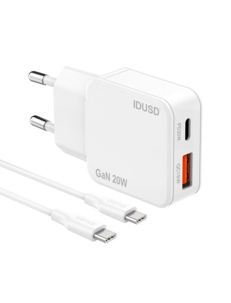 Cargador de red Usb + Type-C + Cable Type-C M/M / 20W PD / 18W QC / GAN / Blanco / IDUSD / D316B