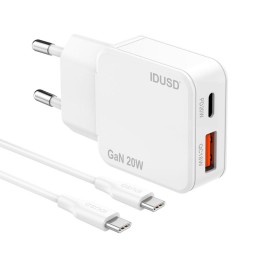 Cargador de red Usb + Type-C + Cable Type-C M/M / 20W PD / 18W QC / GAN / Blanco / IDUSD / D316B