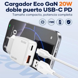 Cargador de red Usb + Type-C + Cable Type-C M/M / 20W PD / 18W QC / GAN / Blanco / IDUSD / D316B