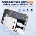 Cargador de red Usb + Type-C + Cable Type-C M/M / 20W PD / 18W QC / GAN / Blanco / IDUSD / D316B