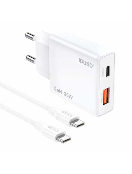 Cargador de red Usb + Type-C + Cable Type-C M/M / 25W PD / 18W QC / GAN / Blanco / IDUSD / D296B