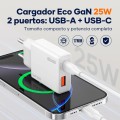 Cargador de red Usb + Type-C + Cable Type-C M/M / 25W PD / 18W QC / GAN / Blanco / IDUSD / D296B
