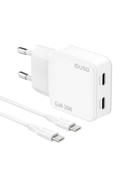 Cargador de red 2x Type-C + Cable Type-C M/M / 30W PD / 18W QC / GAN / Blanco / IDUSD / D326B