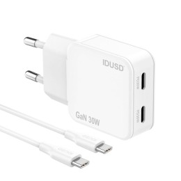 Cargador de red 2x Type-C + Cable Type-C M/M / 30W PD / 18W QC / GAN / Blanco / IDUSD / D326B