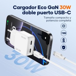 Cargador de red 2x Type-C + Cable Type-C M/M / 30W PD / 18W QC / GAN / Blanco / IDUSD / D326B