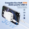 Cargador de red 2x Type-C + Cable Type-C M/M / 30W PD / 18W QC / GAN / Blanco / IDUSD / D326B