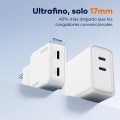 Cargador de red 2x Type-C + Cable Type-C M/M / 30W PD / 18W QC / GAN / Blanco / IDUSD / D326B