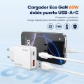 Cargador de red USB + Type-C M/M / 65W PD / GAN / Blanco / IDUSD / D350B