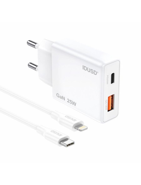 Cargador de red USB + Type-C + Cable Type-C a Lightning M/M / 25W PD / GAN / Blanco / IDUSD / D295B