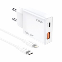 Cargador de red USB + Type-C + Cable Type-C a Lightning M/M / 25W PD / GAN / Blanco / IDUSD / D295B