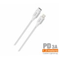 Cable datos Type-C a Lightning M/M / 1.2m / 3a / Nylon Trenzado / PD / Blanco / IDUSD / C85B