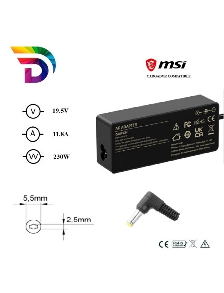 Cargador compatible para portátil MSI 230W 19.5V 11.8A 5.5x2.5mm Dayma