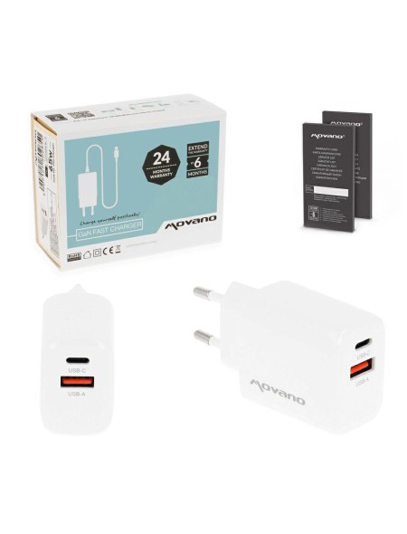 Cargador de red USB + Type-C 20W PD / GAN Blanco Movano