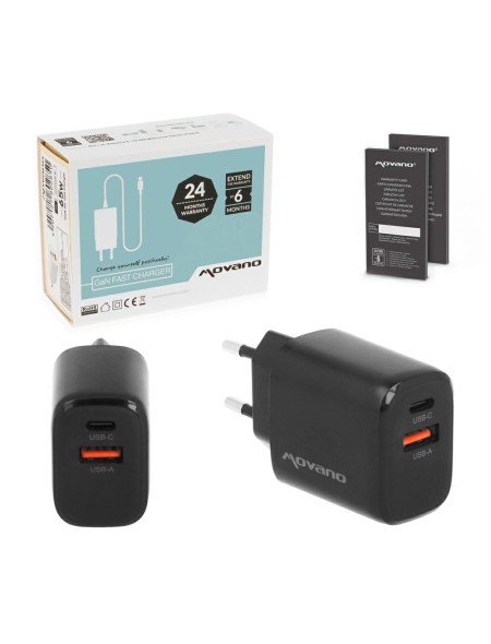 Cargador de red USB + Type-C 20W PD / GAN Negro Movano
