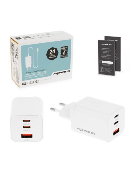Cargador de red USB + 2x Type-C 65W PD / GAN Blanco Movano