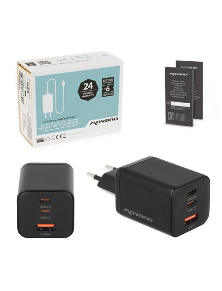 Cargador de red USB + 2x Type-C 65W PD / GAN Negro Movano