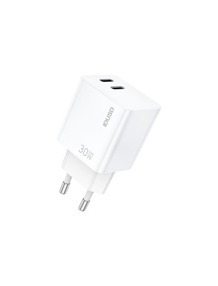 Cargador de red 2x Type-C M/M / 30W PD / 30W QC / GAN / Blanco / IDUSD / D200B