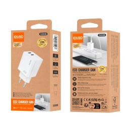 Cargador de red 2x Type-C M/M / 30W PD / 30W QC / GAN / Blanco / IDUSD / D200B